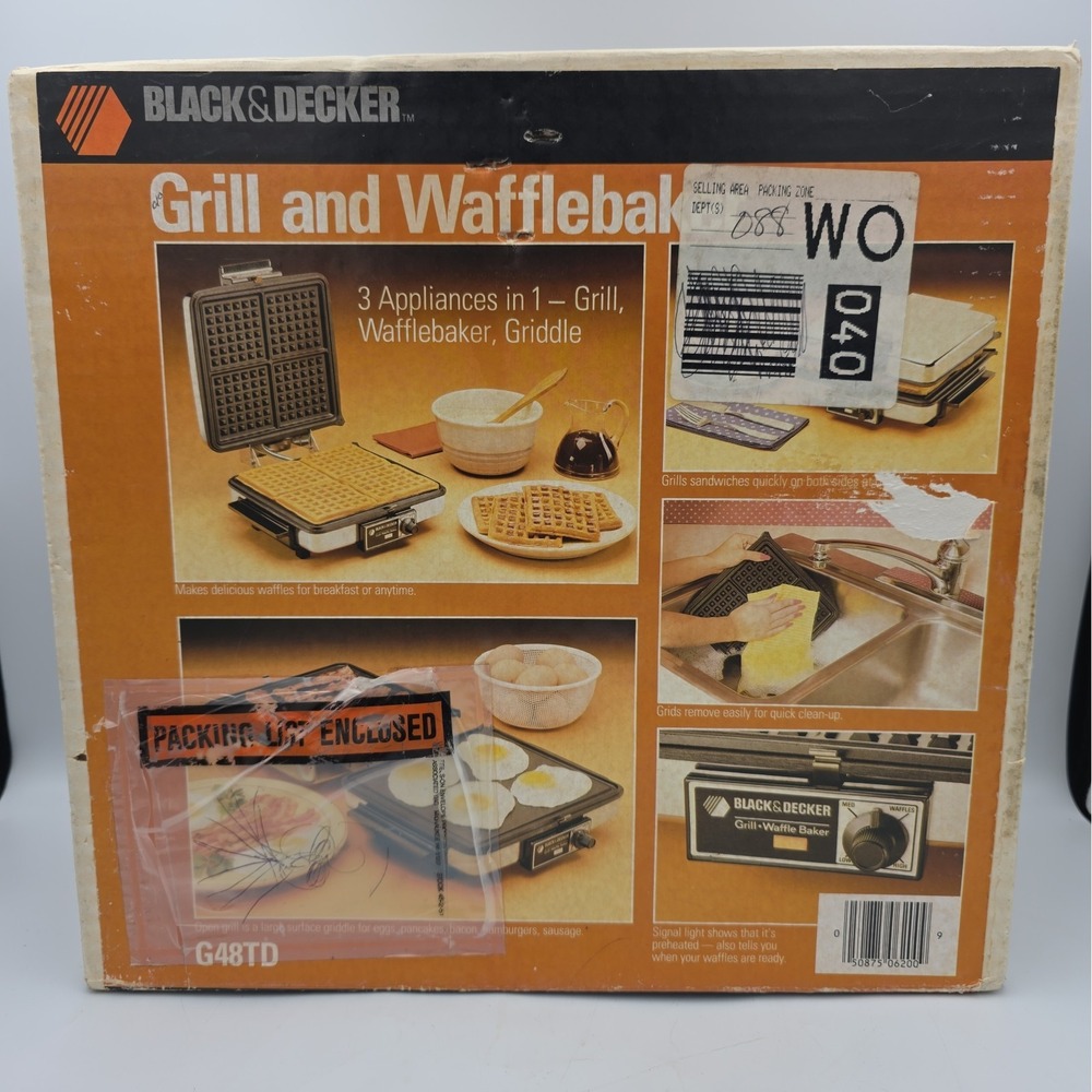Vtg Black & Decker Grill & Waffle Baker 3 In 1 Nonstick Reversible Plates G48TD